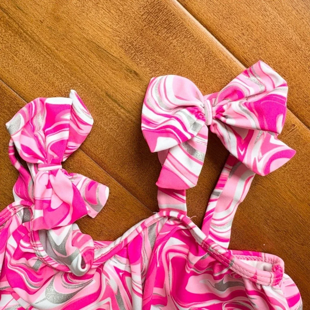 Tommy‎ Bahama Marble Ruffle One Piece Swimsuit Girls 7 Pink